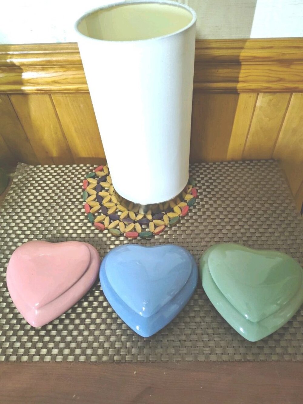 Lot of 3 Pier 1 Imports Heart Trinket Ceramic Candles Blue Green Pink 4 x 4 in